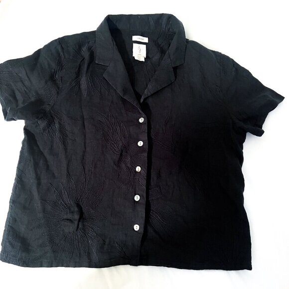 Joie Boxy Black Cropped Embroidered Linen Blouse Shell Buttons Medium - Picture 2 of 10